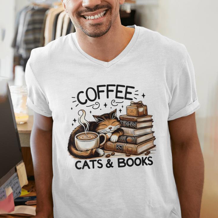 Cute Coffee Cats Books Lover Idea Women Men Kids Men's V-Neck T-Shirt