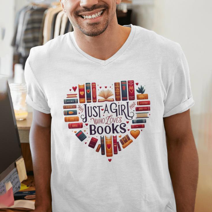 Cute Just A Girl Who Loves Books Heart Shape Reader Men's V-Neck T-Shirt