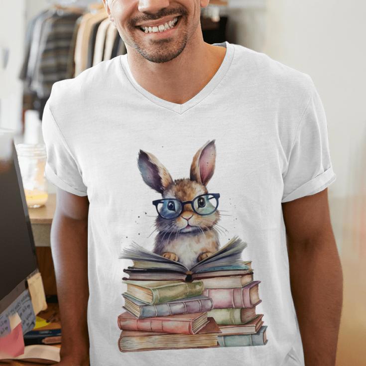 Cute Reading Bunny With Glasses Books Bookworm Reader Book Premium Tri-Blend Men's V-Neck T-Shirt
