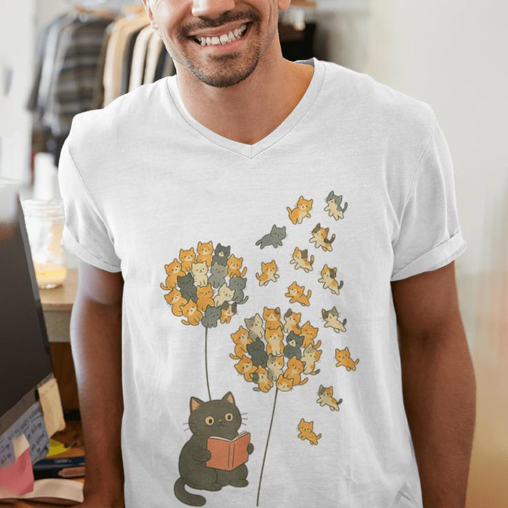Cute Reading Cat With Kitten Dandelion Flowers Book Lover Men's V-Neck T-Shirt Cute Reading Cat With Kitten Dandelion Flowers Book Lover Men's V-Neck T-Shirt