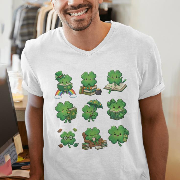 Cute Shamrock Reading St Patricks Day Teacher Book Lovers Men's V-Neck T-Shirt
