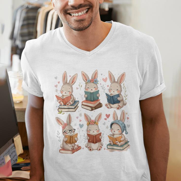 Cute Teacher Bunny Rabbit Reading Easter Bunnies Book Lovers Men's V-Neck T-Shirt