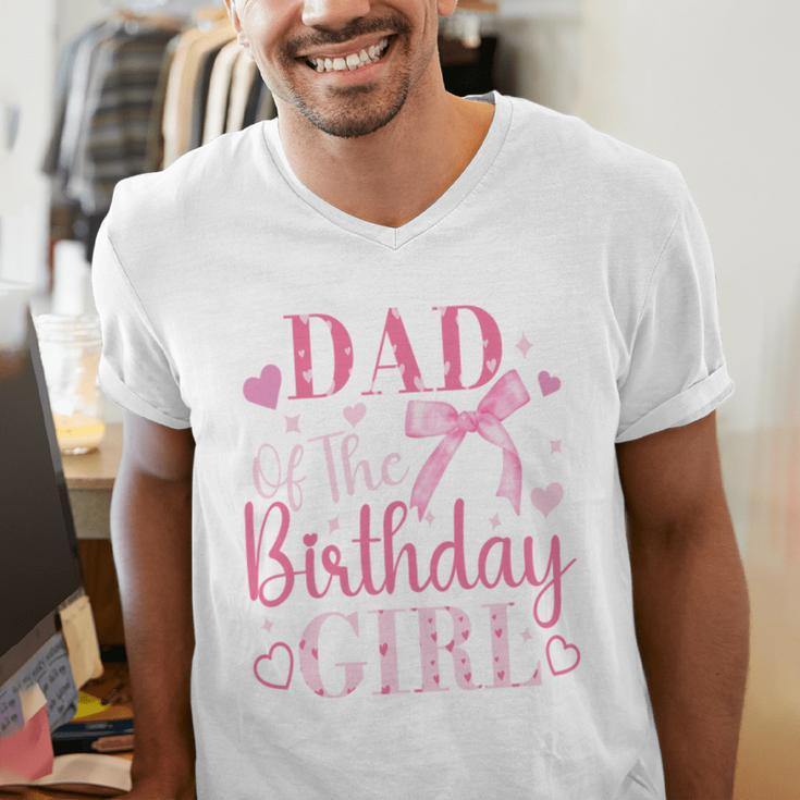 Dad Of The Birthday Girl Bow Cute Pink Matching Family Party Men's V-Neck T-Shirt