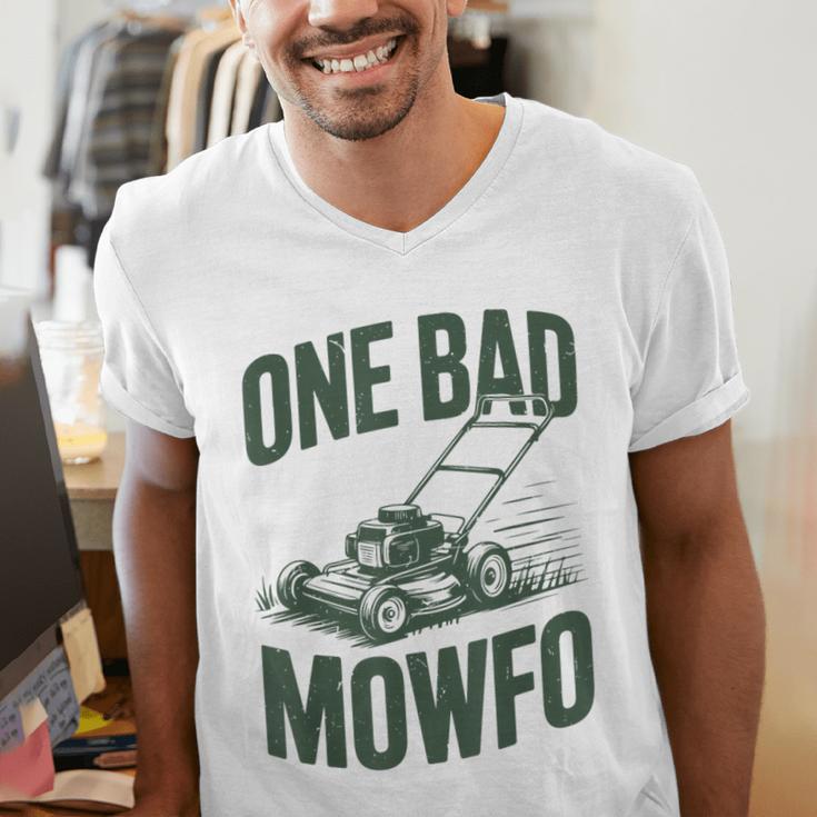 Dad Lawn Mowing One Bad Mowfo Mower Dad Gardening Men's V-Neck T-Shirt
