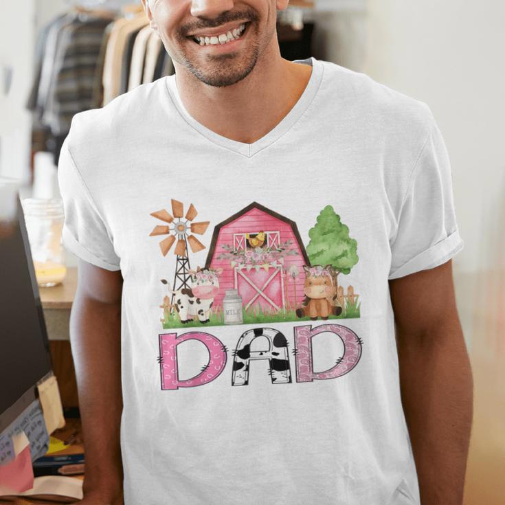Dad Pink Farm Animal Birthday Kids Matching Family Men's V-Neck T-Shirt