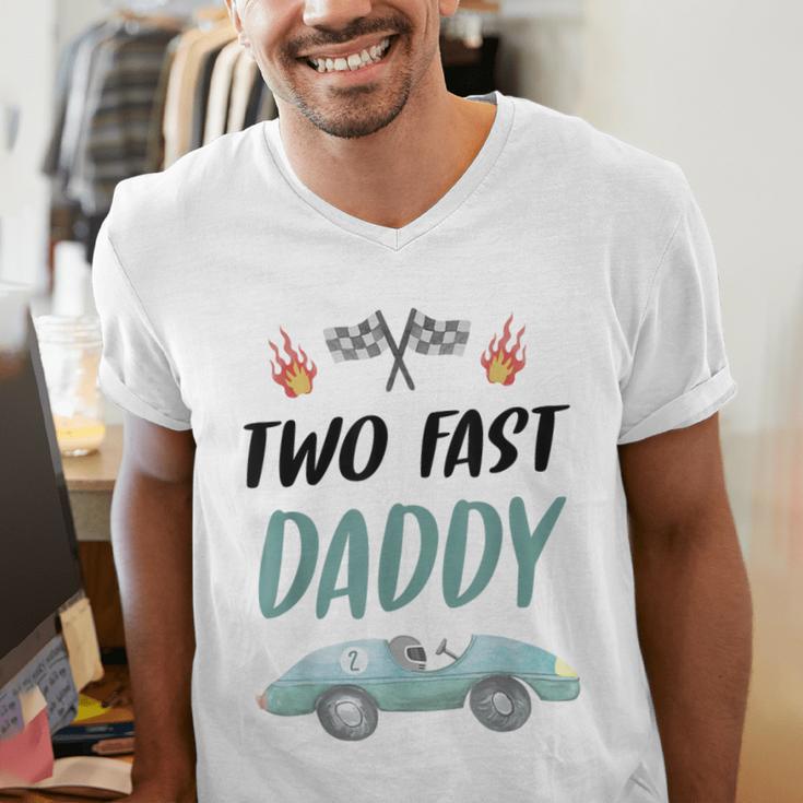 Daddy Dad 2nd Birthday Two Fast Race Car Second Bday Party Men's V-Neck T-Shirt