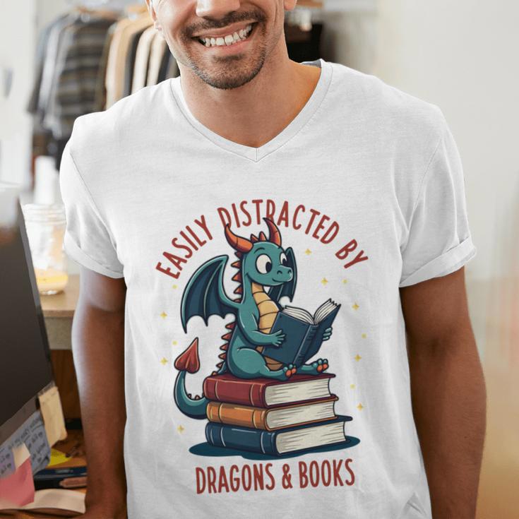 Dark Romance Romantasy Easily Distracted By Dragons & Books Men's V-Neck T-Shirt