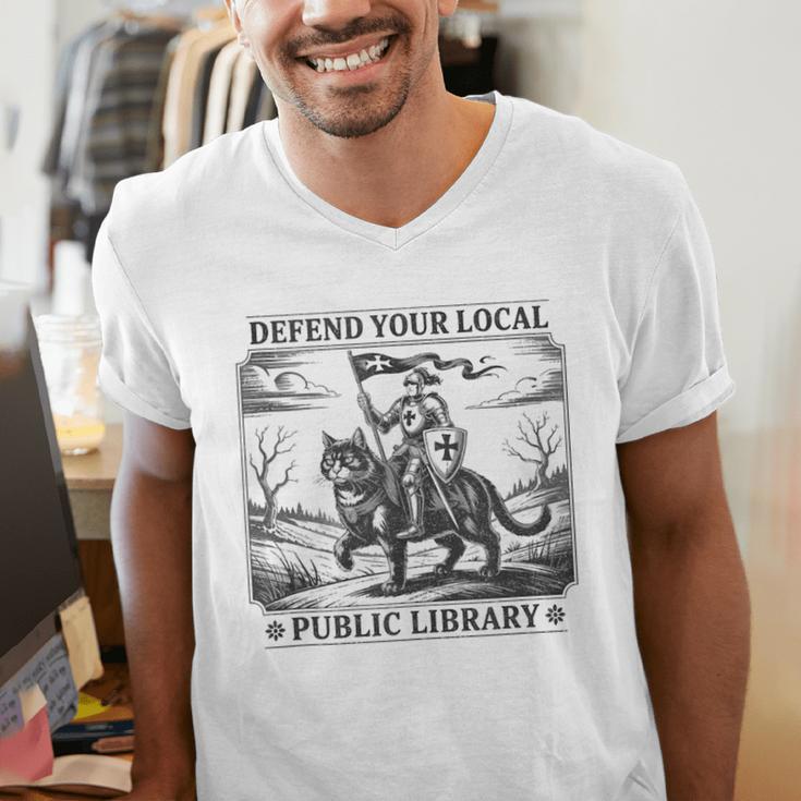 Defend Your Local Public Library Cat Knight Book Lover Men's V-Neck T-Shirt Defend Your Local Public Library Cat Knight Book Lover Men's V-Neck T-Shirt