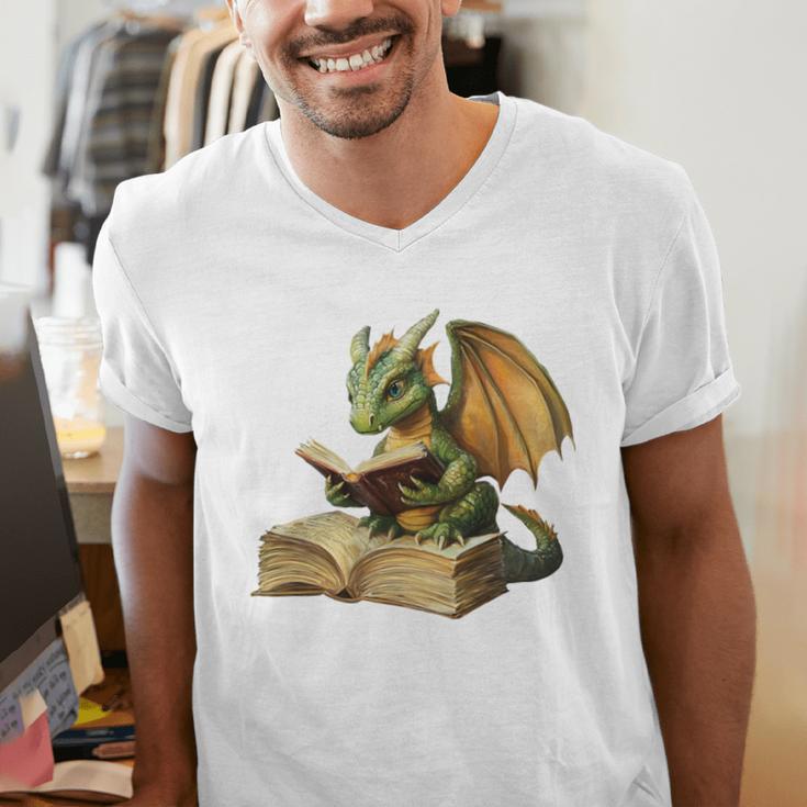 Dragon Bookworm Reading Book Graphic Men's V-Neck T-Shirt Dragon Bookworm Reading Book Graphic Men's V-Neck T-Shirt