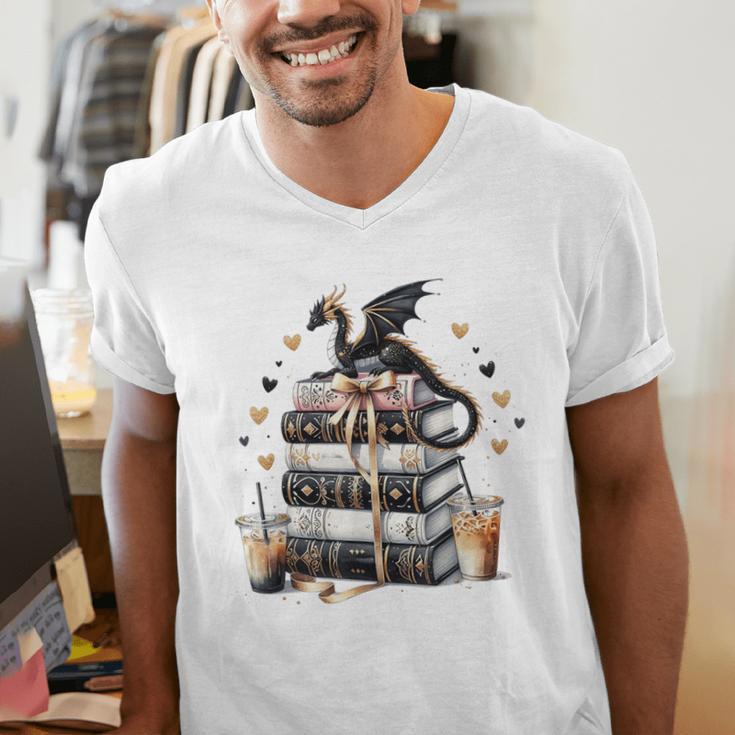 Dragon Hoard Of Books Reading Lover Cute Art Men's V-Neck T-Shirt Dragon Hoard Of Books Reading Lover Cute Art Men's V-Neck T-Shirt
