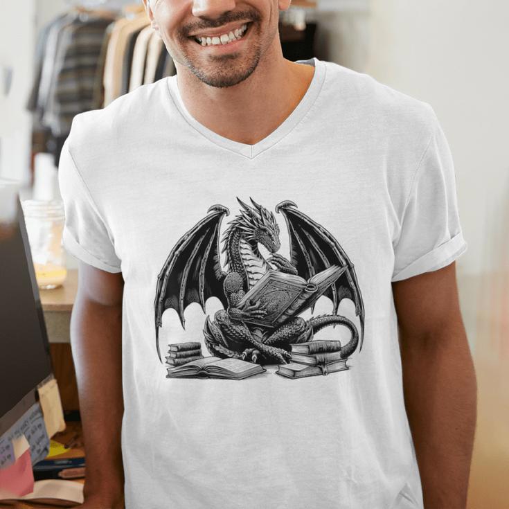 Dragon Reading Book Bookworm Books Dragon Learning Men's V-Neck T-Shirt Dragon Reading Book Bookworm Books Dragon Learning Men's V-Neck T-Shirt