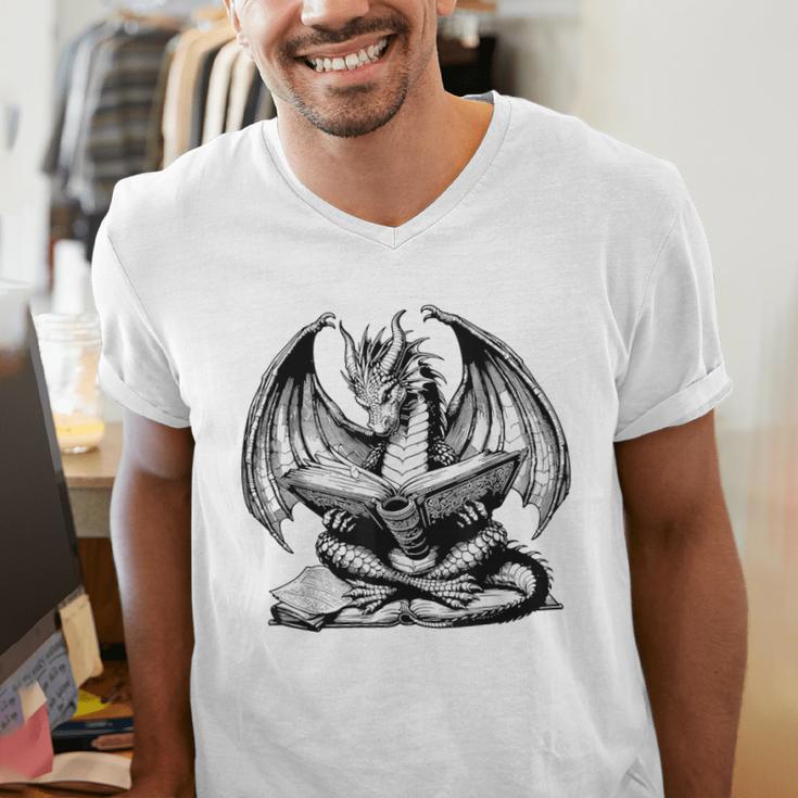 Dragon Reading Book Bookworm Books Dragon Lover Learning Men's V-Neck T-Shirt Dragon Reading Book Bookworm Books Dragon Lover Learning Men's V-Neck T-Shirt