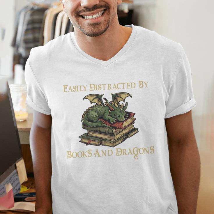 Easily Distracted By Books And Dragons Graphic Premium Men's V-Neck T-Shirt Easily Distracted By Books And Dragons Graphic Premium Men's V-Neck T-Shirt