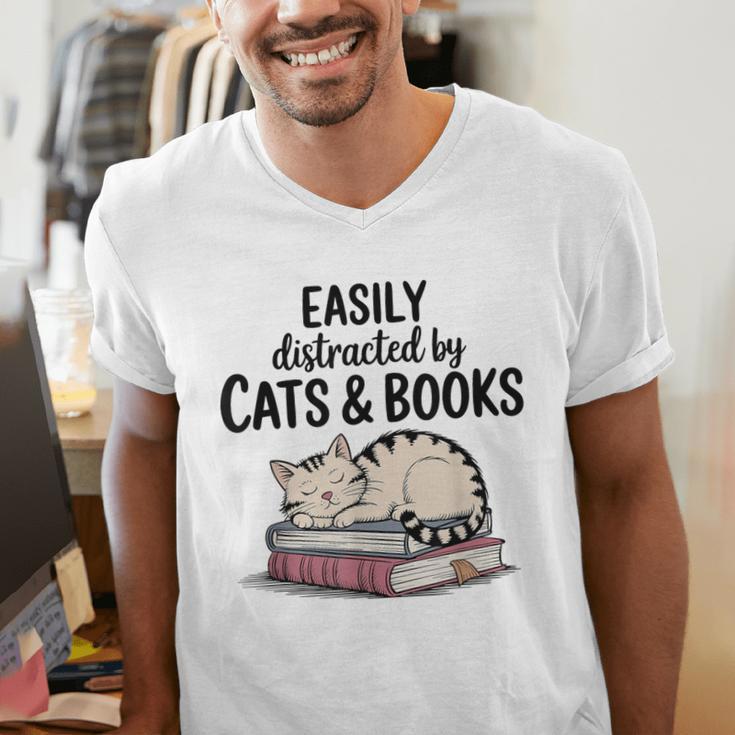 Easily Distracted By Cats And Books Cute Book Lover Men's V-Neck T-Shirt Easily Distracted By Cats And Books Cute Book Lover Men's V-Neck T-Shirt
