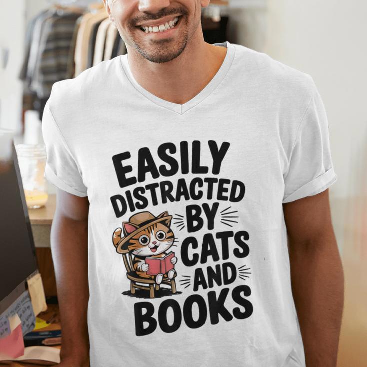 Easily Distracted By Cats And Books Lovers Reading Men's V-Neck T-Shirt Easily Distracted By Cats And Books Lovers Reading Men's V-Neck T-Shirt