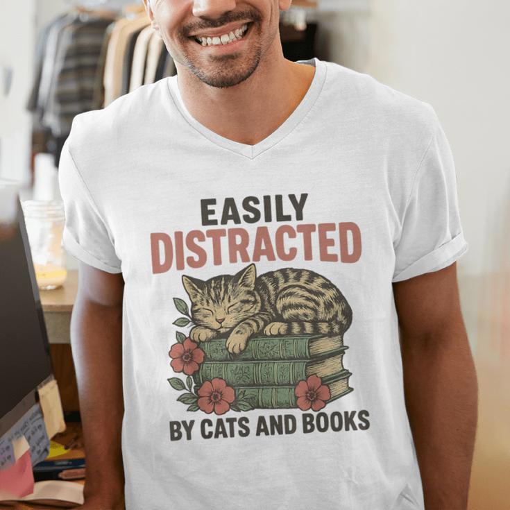 Easily Distracted By Cats And Books Vintage Men's V-Neck T-Shirt Easily Distracted By Cats And Books Vintage Men's V-Neck T-Shirt