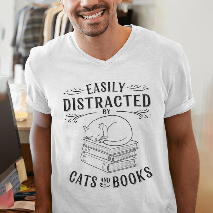 Easily Distracted By Cats And Books For Women Men's V-Neck T-Shirt Easily Distracted By Cats And Books For Women Men's V-Neck T-Shirt
