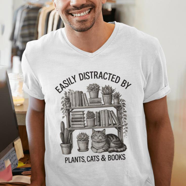 Easily Distracted By Plants Cats & Books Planting Gardening Men's V-Neck T-Shirt Easily Distracted By Plants Cats & Books Planting Gardening Men's V-Neck T-Shirt