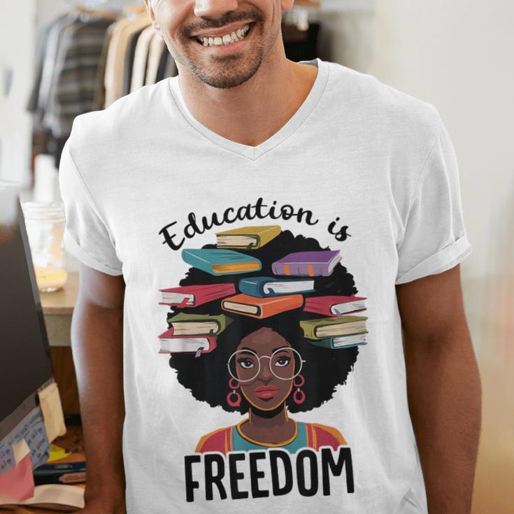 Education Is Freedom Teacher History Month Books Lover Men's V-Neck T-Shirt Education Is Freedom Teacher History Month Books Lover Men's V-Neck T-Shirt