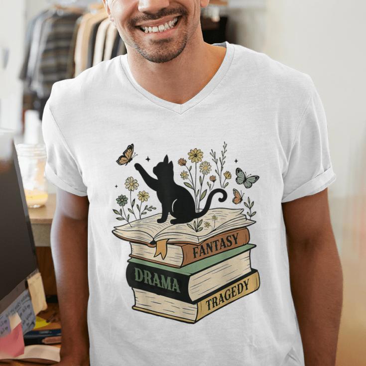 Fantasy Drama Tragedy Cat Book Lover Reading Humor Men's V-Neck T-Shirt