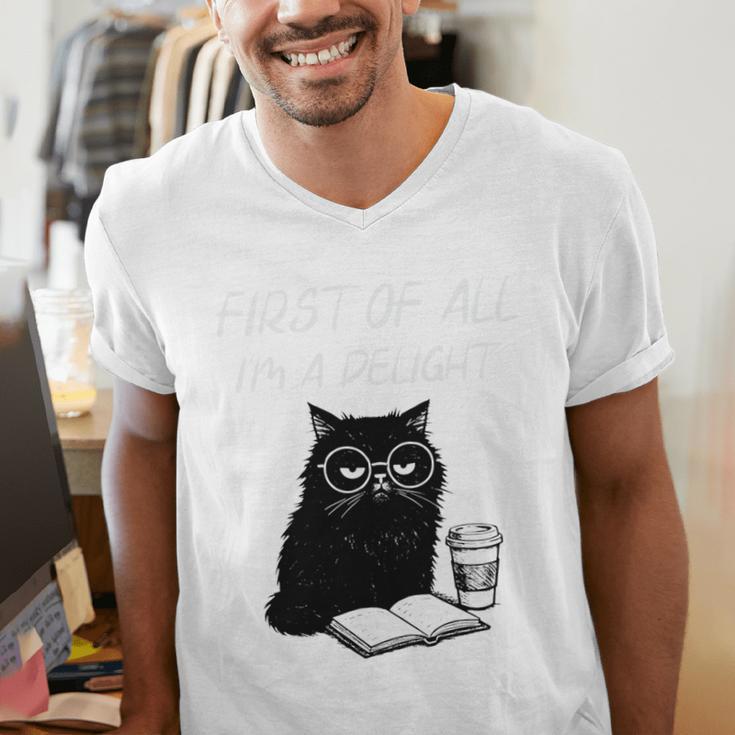 First Of All I’m A Delight Cute Cat Books Coffee Humor Men's V-Neck T-Shirt