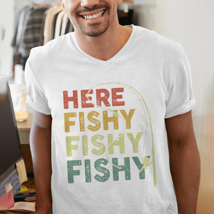 Fishing Here-Fishy Bass Fish Dad Men's V-Neck T-Shirt