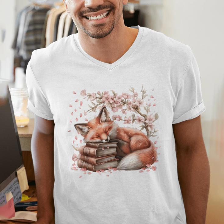 Fox And Book Lover Graphic For Women And Spring Pink Flower Men's V-Neck T-Shirt