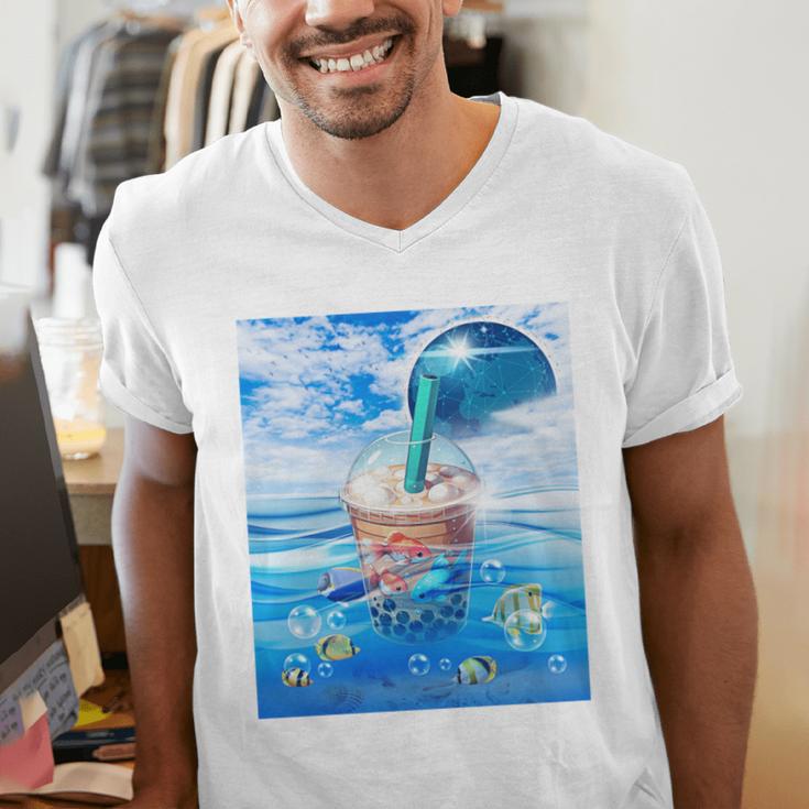 Frutiger Aero Aesthetic Tech Bubble Tea Boba Milktea Fishes Men's V-Neck T-Shirt Frutiger Aero Aesthetic Tech Bubble Tea Boba Milktea Fishes Men's V-Neck T-Shirt