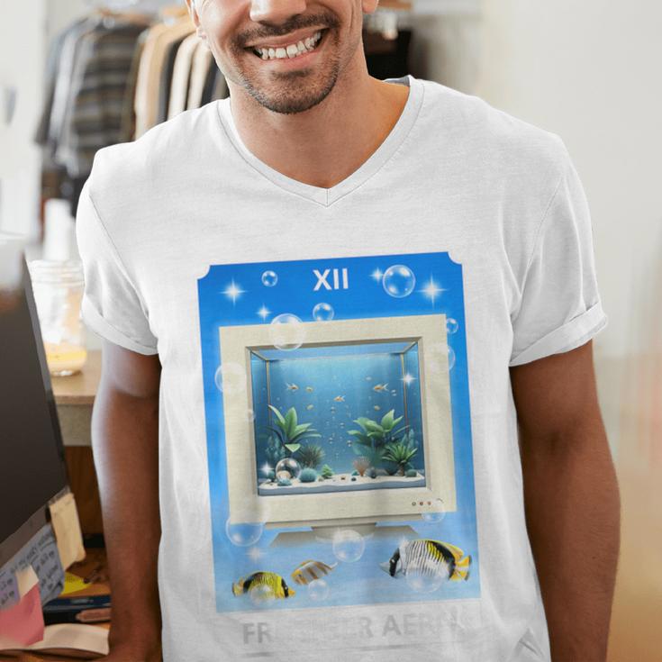 Frutiger Aero Aesthetic Tech Computer Aquarium Tarot Card Raglan Baseball Tee Men's V-Neck T-Shirt