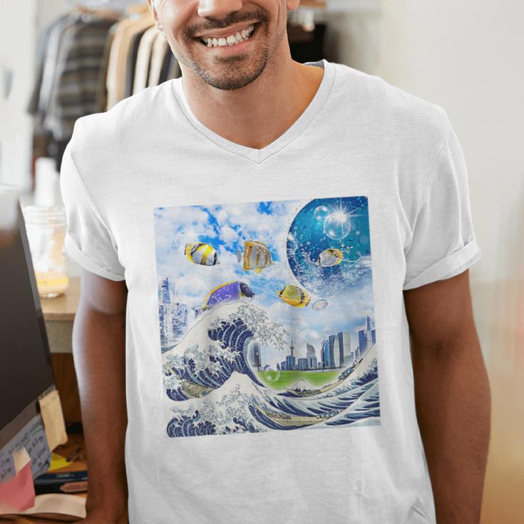 Frutiger Aero Aesthetic Tech Great Wave Of Kanagawa Fishes Raglan Baseball Tee Men's V-Neck T-Shirt Frutiger Aero Aesthetic Tech Great Wave Of Kanagawa Fishes Raglan Baseball Tee Men's V-Neck T-Shirt