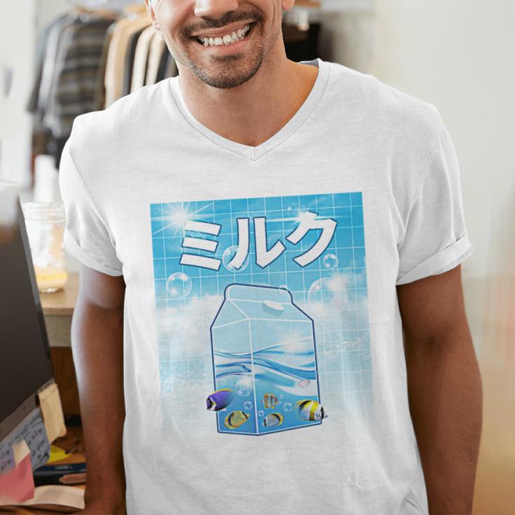 Frutiger Aero Aesthetic Tech Kawaii Milk Underwater Fishes Men's V-Neck T-Shirt Frutiger Aero Aesthetic Tech Kawaii Milk Underwater Fishes Men's V-Neck T-Shirt