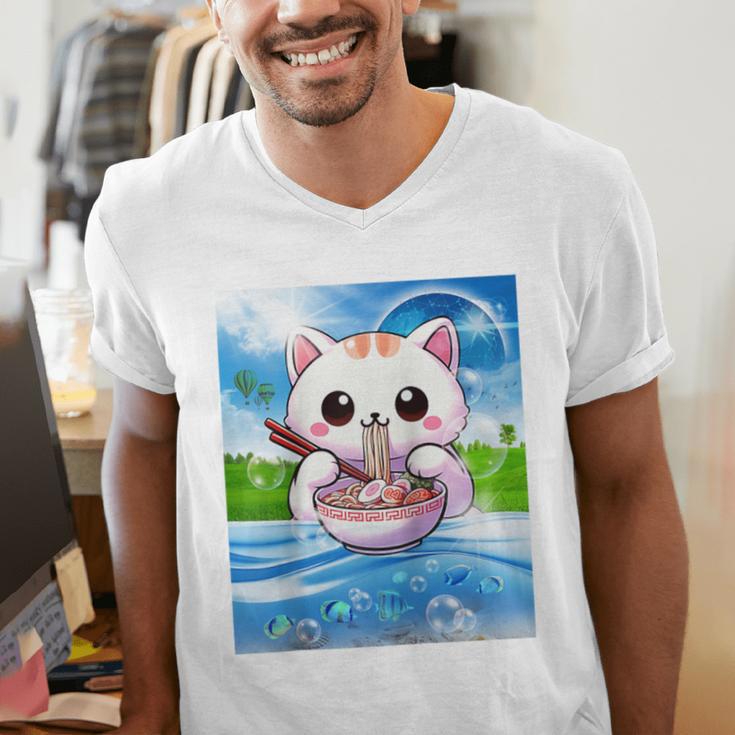 Frutiger Aero Aesthetic Tech Kawaii Ramen Cat Fishes Raglan Baseball Tee Men's V-Neck T-Shirt Frutiger Aero Aesthetic Tech Kawaii Ramen Cat Fishes Raglan Baseball Tee Men's V-Neck T-Shirt
