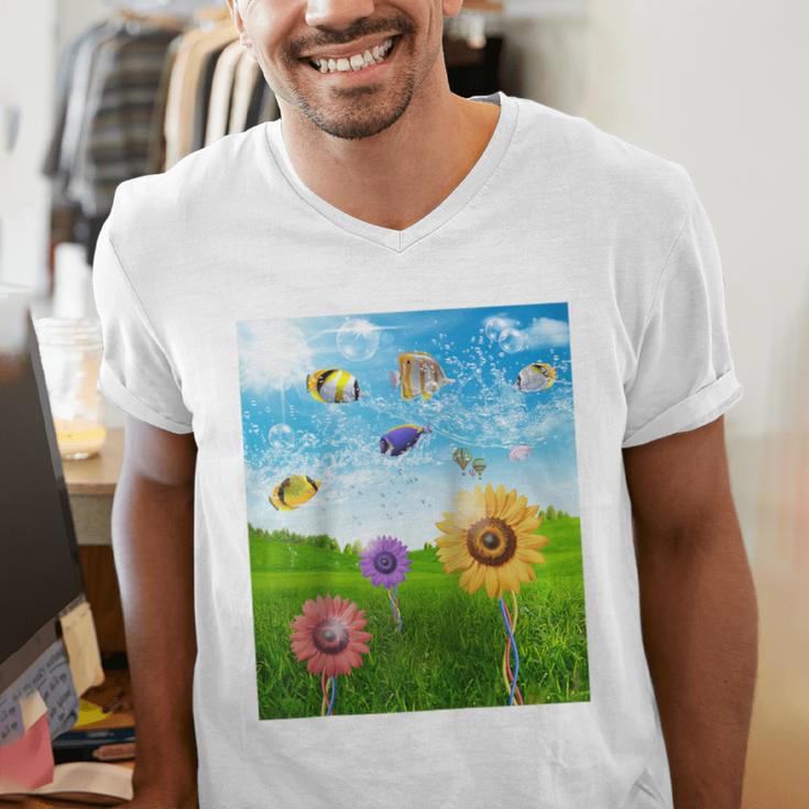 Frutiger Aero Aesthetic Tech Scenery Fishes Sunflower Raglan Baseball Tee Men's V-Neck T-Shirt Frutiger Aero Aesthetic Tech Scenery Fishes Sunflower Raglan Baseball Tee Men's V-Neck T-Shirt