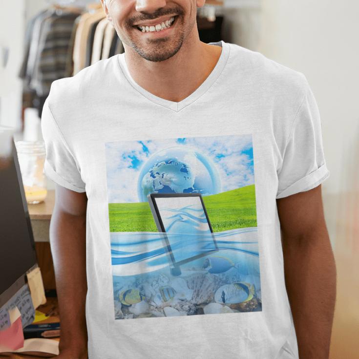 Frutiger Aero Aesthetic Tech Water Fishes Monitor Screen Raglan Baseball Tee Men's V-Neck T-Shirt Frutiger Aero Aesthetic Tech Water Fishes Monitor Screen Raglan Baseball Tee Men's V-Neck T-Shirt