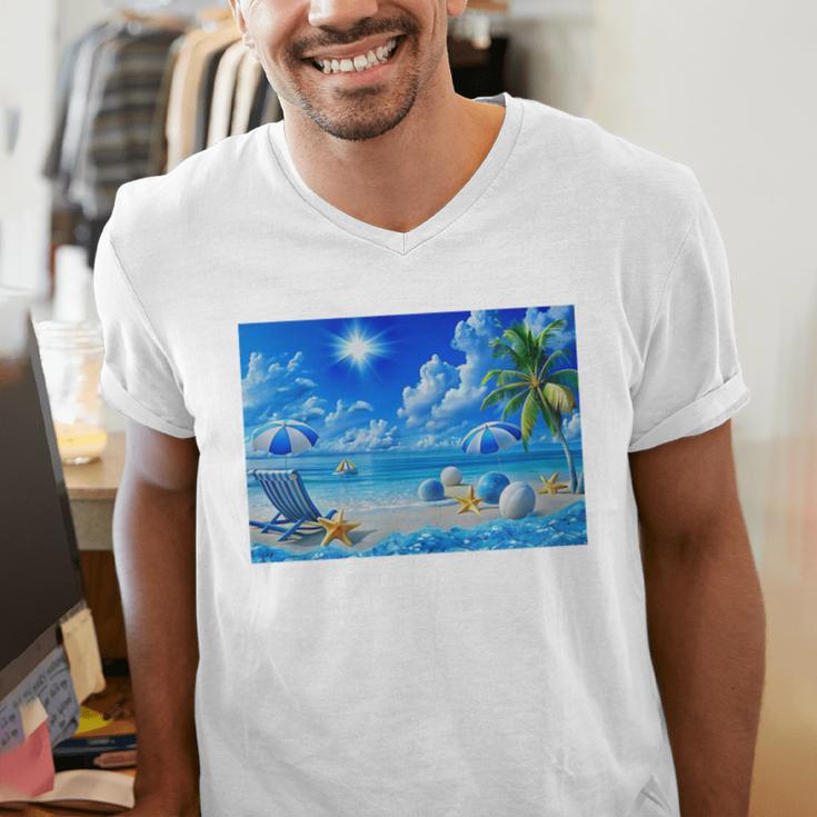 Frutiger Aero Beach Y2k Aesthetic Palm Tree Sand Ocean Premium Men's V-Neck T-Shirt