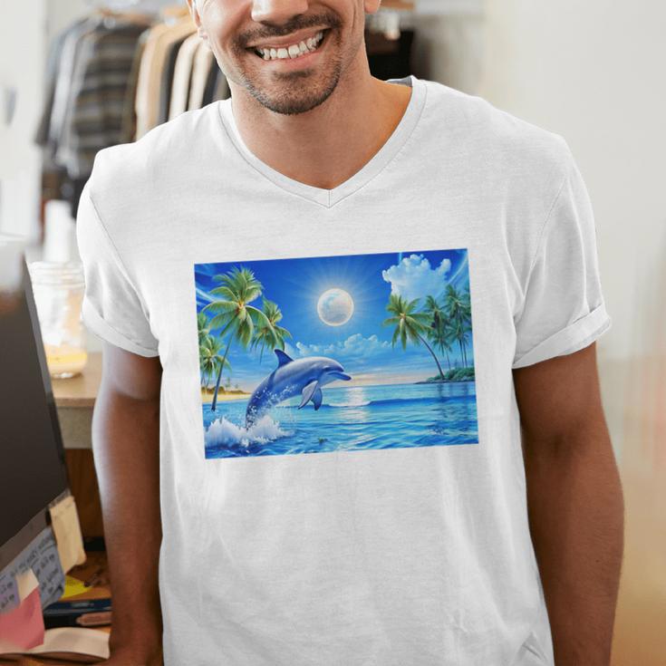 Frutiger Aero Dolphin Sunset Ocean With Palm Trees Y2k Premium Men's V-Neck T-Shirt Frutiger Aero Dolphin Sunset Ocean With Palm Trees Y2k Premium Men's V-Neck T-Shirt