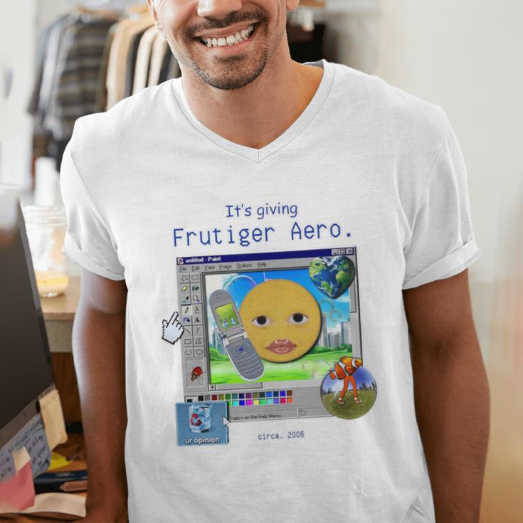 Frutiger Aero Y2K Meme Graphic 2000s Nostalgia Premium Men's V-Neck T-Shirt Frutiger Aero Y2K Meme Graphic 2000s Nostalgia Premium Men's V-Neck T-Shirt