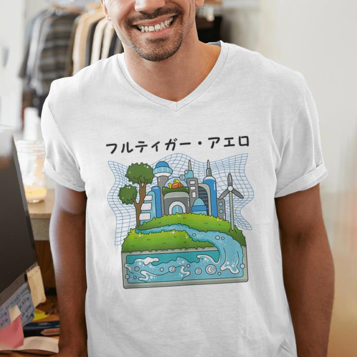 Future City Wind Power Frutiger Aero Y2K Style Ocean Men's V-Neck T-Shirt Future City Wind Power Frutiger Aero Y2K Style Ocean Men's V-Neck T-Shirt