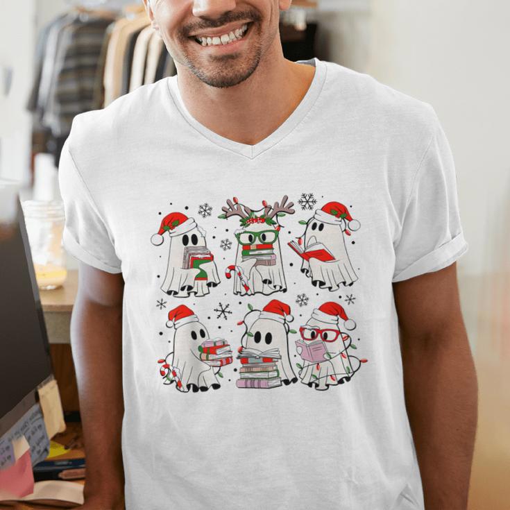Ghost Book Reading Christmas Books Lover Teacher Kids Men's V-Neck T-Shirt