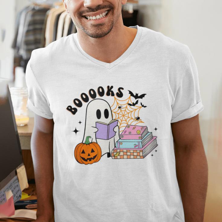 Ghost Reading Halloween Women Teacher Book Lover Men's V-Neck T-Shirt