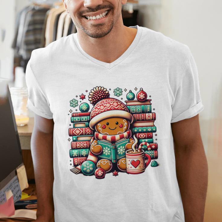 Gingerbread Reading Book Lovers Christmas Bookworm Librarian Premium Men's V-Neck T-Shirt