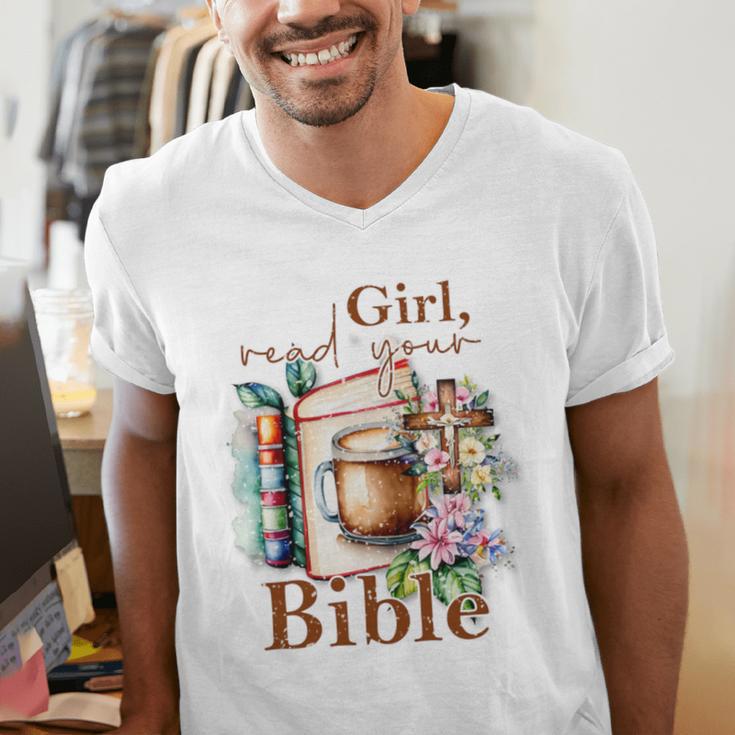 Girl Read Your Bible Christian Faith Jesus Book Men's V-Neck T-Shirt