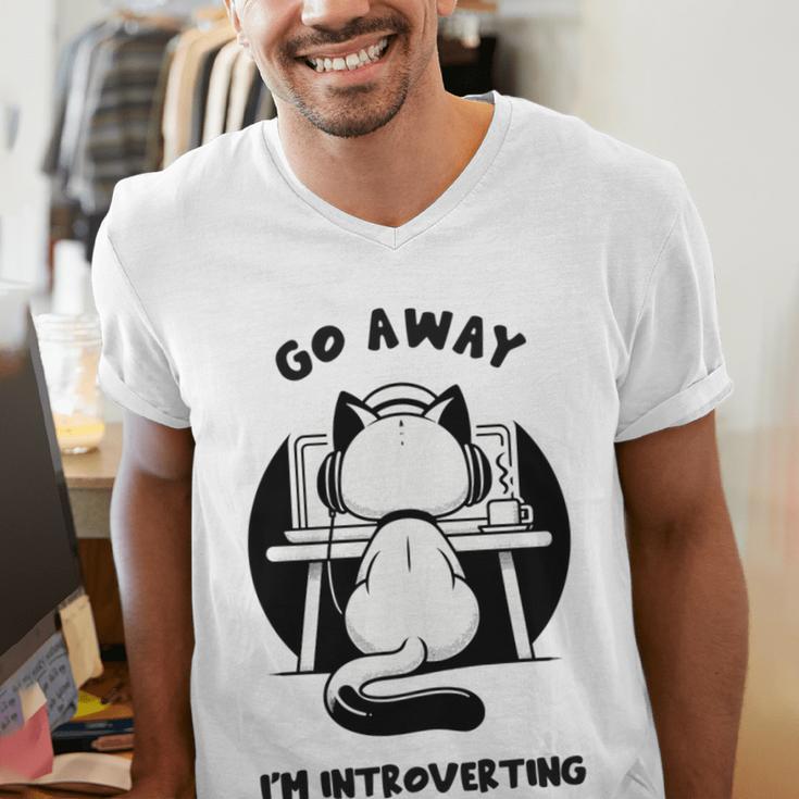 Go Away I'm Introverting Cat With Coffee Men's V-Neck T-Shirt Go Away I'm Introverting Cat With Coffee Men's V-Neck T-Shirt