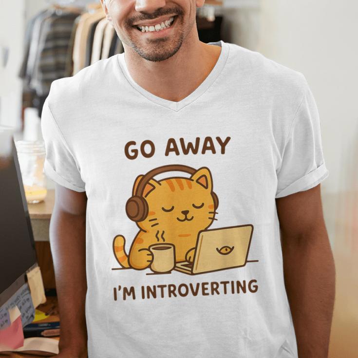 Go Away I'm Introverting Cozy Cat With Laptop And Coffee Men's V-Neck T-Shirt Go Away I'm Introverting Cozy Cat With Laptop And Coffee Men's V-Neck T-Shirt