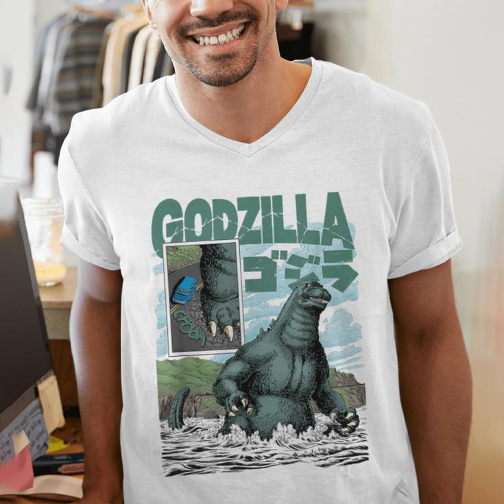 Godzilla Ocean Scene Comic Book Illustration Movie Monster Men's V-Neck T-Shirt