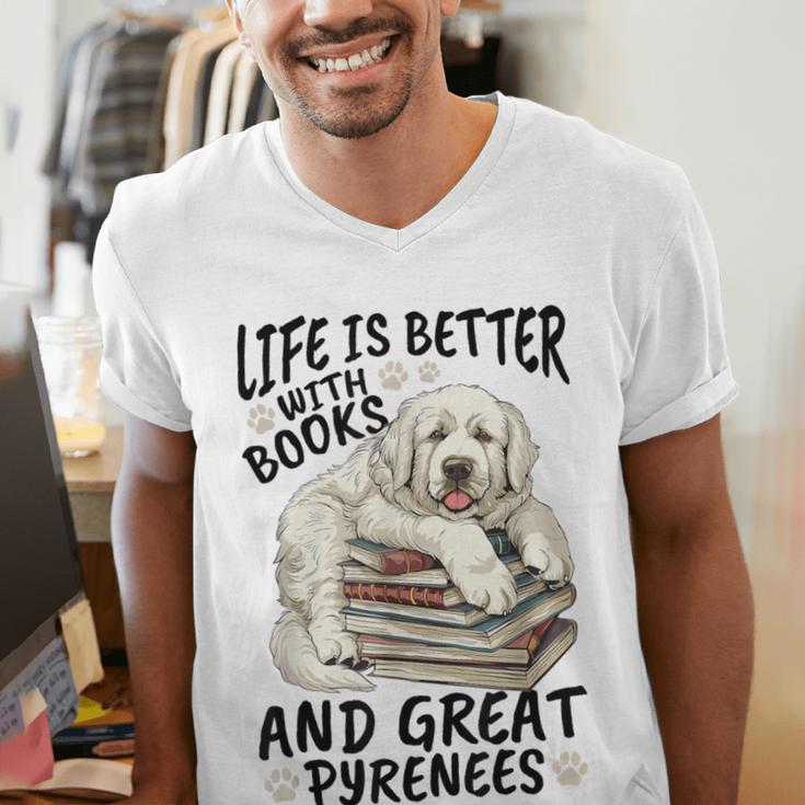 Great Pyrenees Dog Breed Life Is Better With Books And Great Men's V-Neck T-Shirt