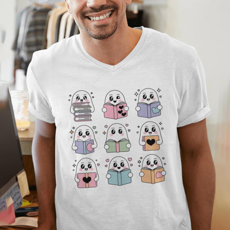 Halloween Ghosts Reading Books Pattern Spooky Kawaii Anime Men's V-Neck T-Shirt Halloween Ghosts Reading Books Pattern Spooky Kawaii Anime Men's V-Neck T-Shirt