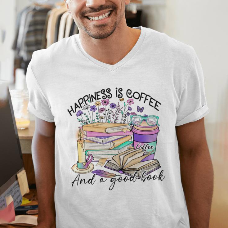 Happiness Is Coffee And a Good Book Women Love Reading Book Men's V-Neck T-Shirt Happiness Is Coffee And a Good Book Women Love Reading Book Men's V-Neck T-Shirt