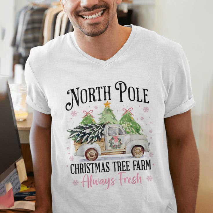 Holiday Scene Nostalgia North Pole Tree Farm Merry Christmas Men's V-Neck T-Shirt