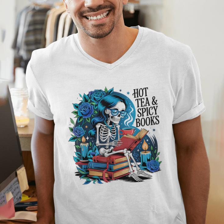 Hot Tea & Spicy Books Skeleton Reader Men's V-Neck T-Shirt Hot Tea & Spicy Books Skeleton Reader Men's V-Neck T-Shirt